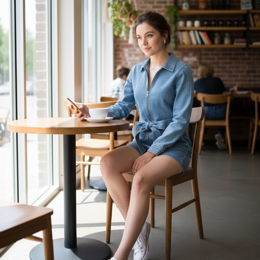 Rivet Utility Trendsetter Denim Romper XL Light Wash Zip Front Tie Waist Jumpsui - Picture 14 of 15